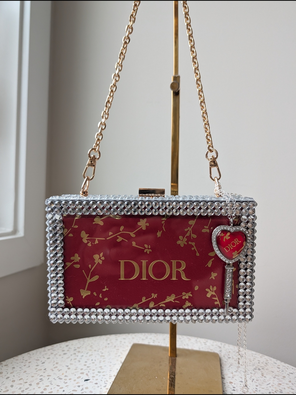 Upcycled Red Crystal-Edged Minaudière with Heart Key Charm - Picture 4 of 5